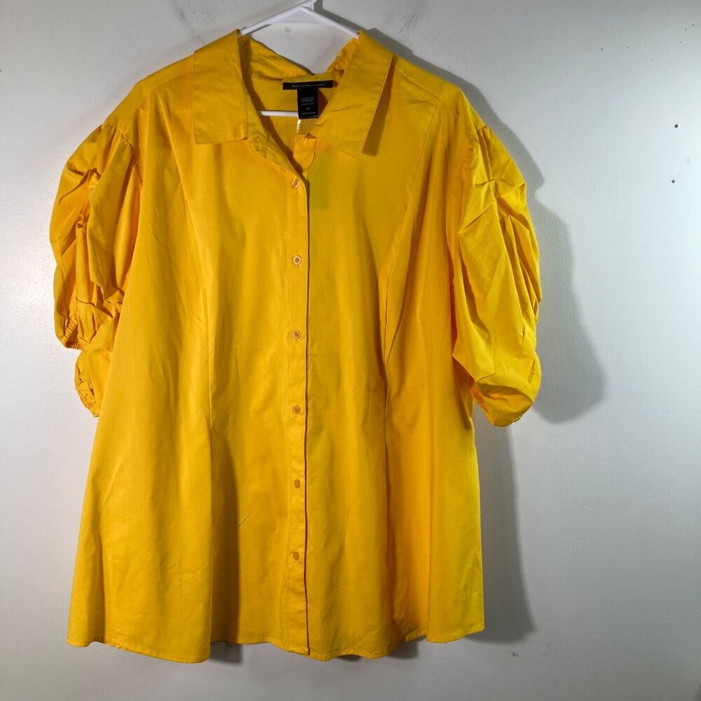 Womens Ashley Stewart Ruched Button‎ Shirt Lemon Chrome 26 NWT